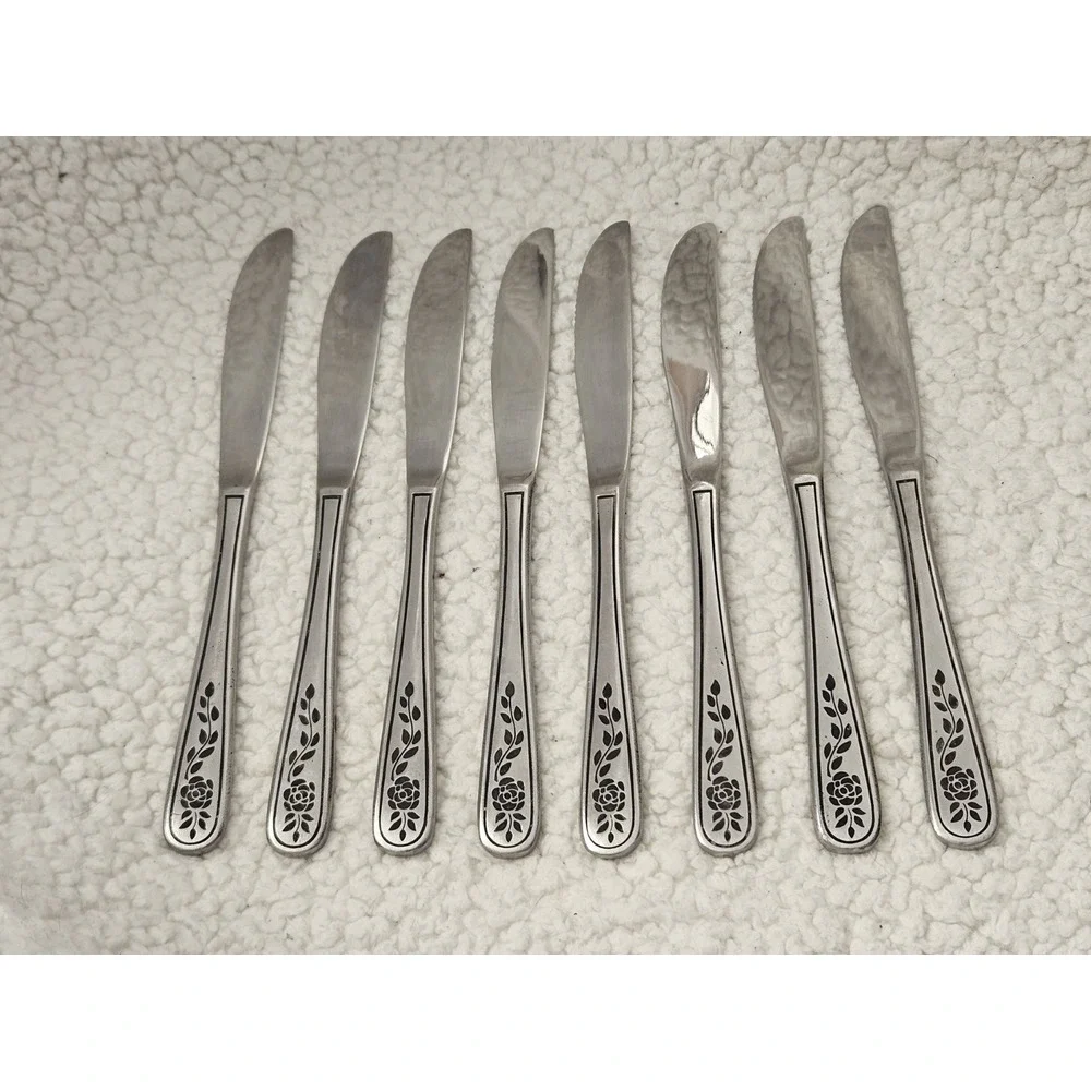 SET OF‎ 8 ROGERS STANLEY ROBERTS FLORAL MIST STAINLESS STEEL KNIVES